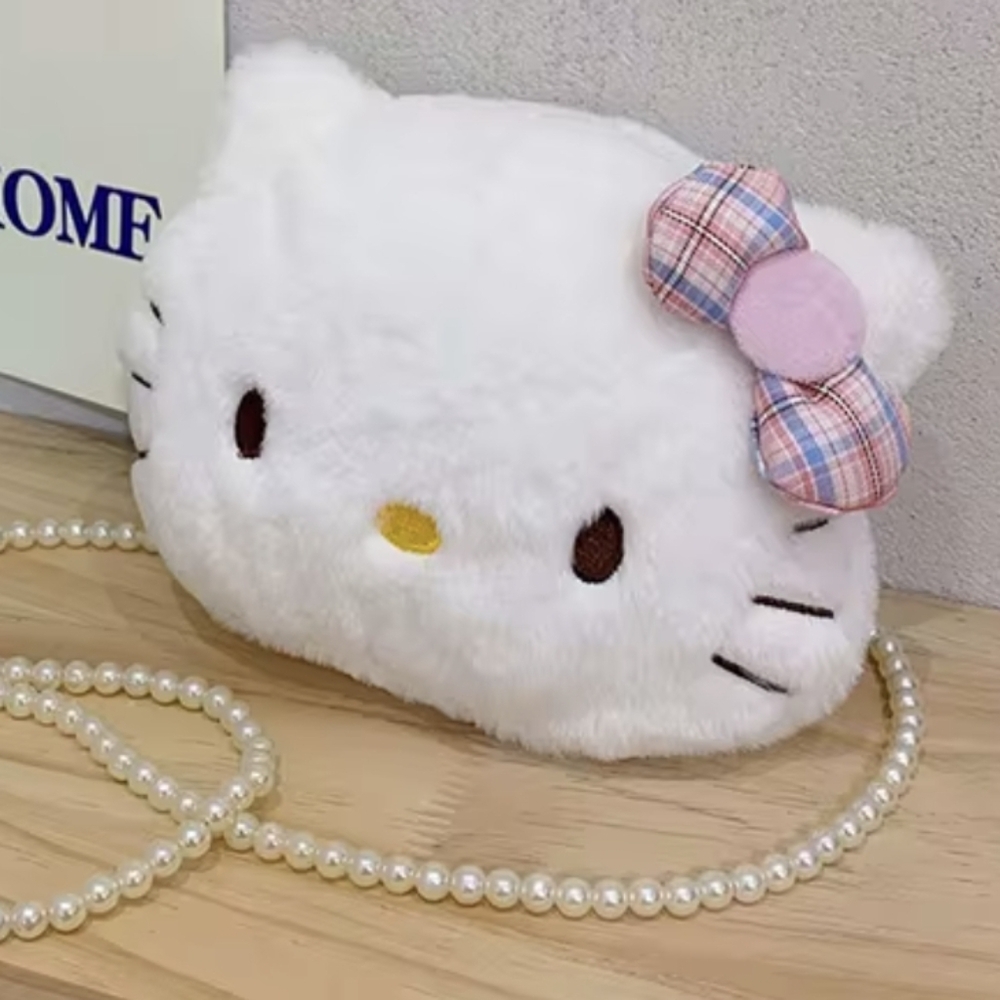 Sanrio hello kitty Fuzzy Plush crossbody bag purse pearl strap